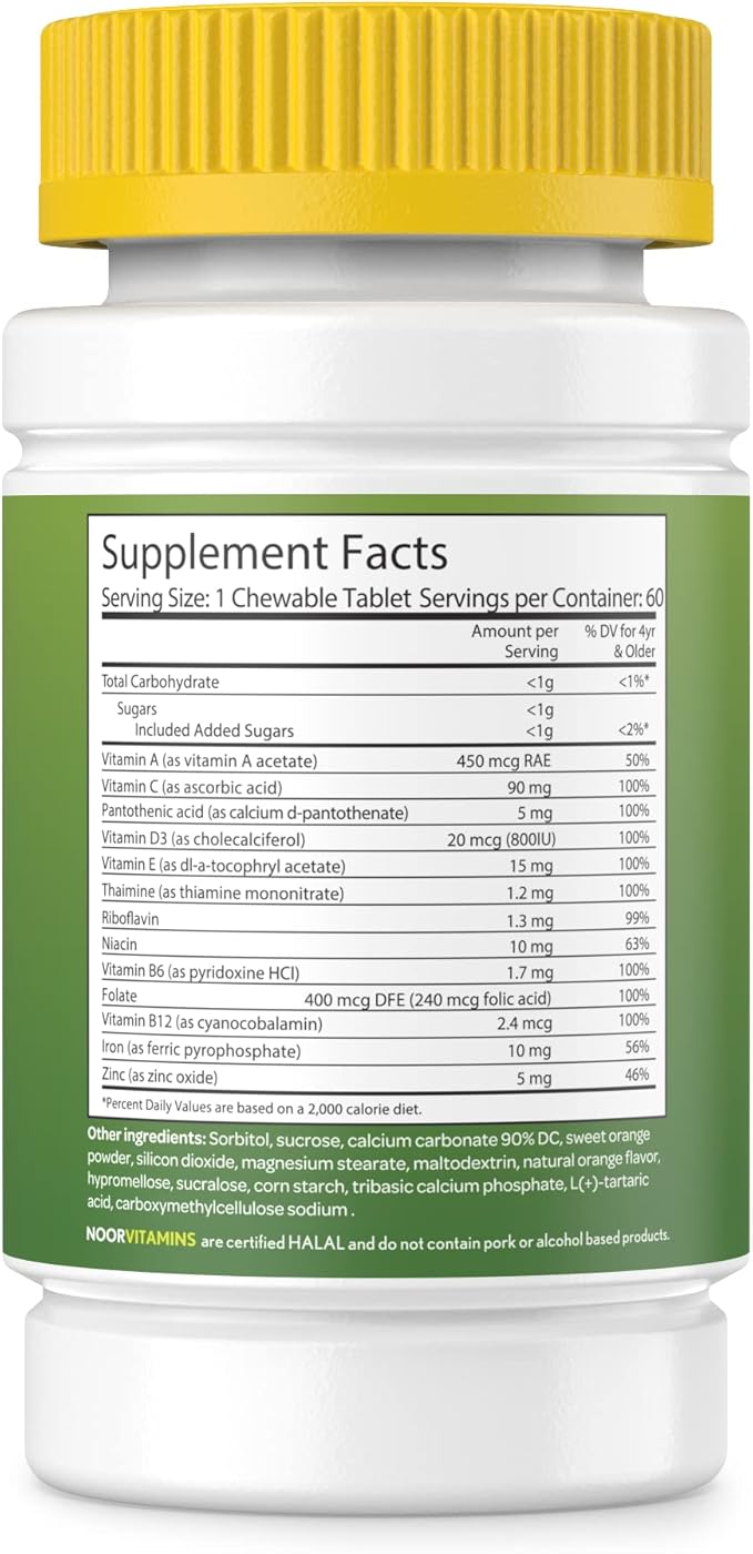 Noor Vitamins Halal Kids Multivitamin Chewable: Essential Vitamins for Immune Bone &amp Eye Health with Iron - Non GMO &amp Gluten Free - Halal Vitamins 60 Count (2 Month Supply)