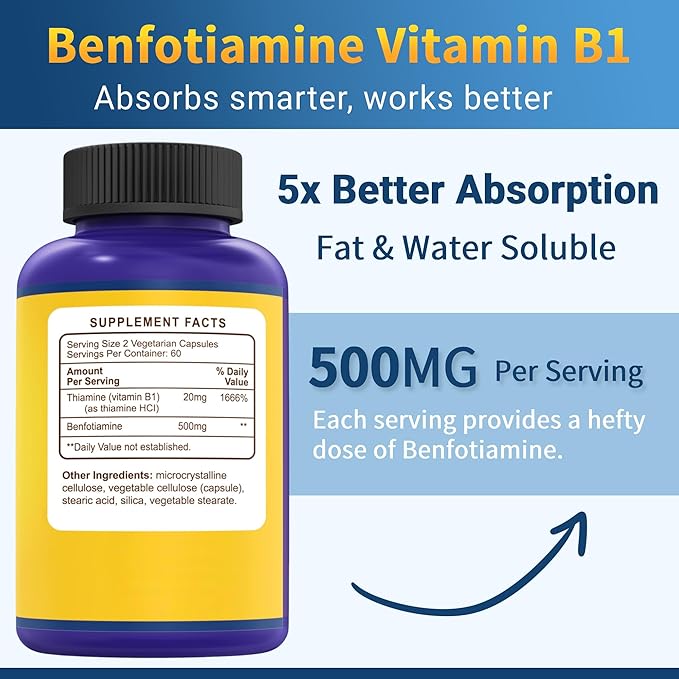 B1 Benfotiamine 500mg per Serving 120 CapsulesFat &amp Water Soluble Vitamin B1 Gluten Free Non-GMO Vegetarian 2 Pack