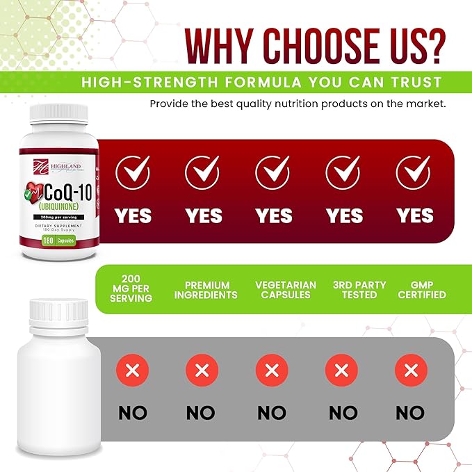CoQ10 200mg 180 Vegetarian Capsules for Heart Health Non-GMO Easy to Swallow Supports Cellular Energy Production and Cardiovascular Health