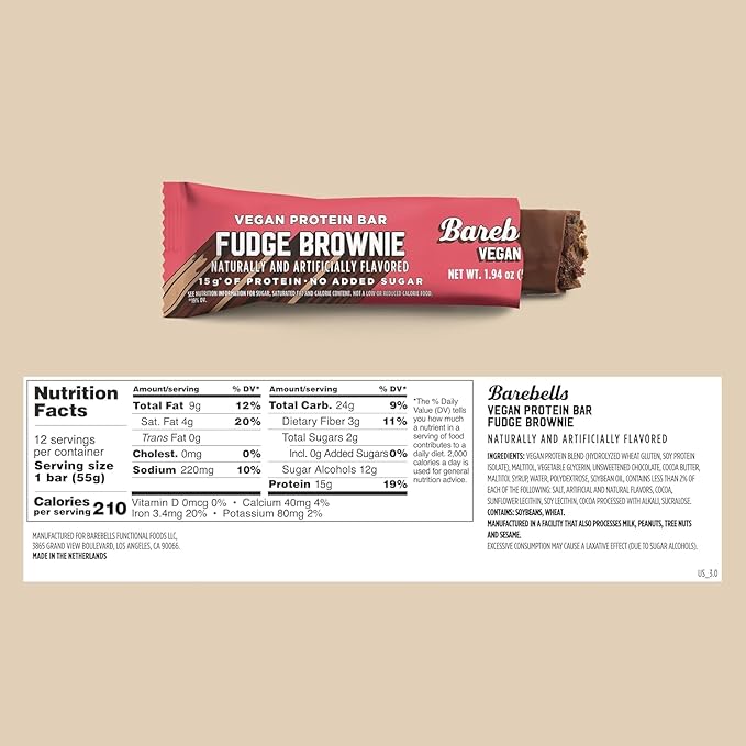 Barebells Vegan Protein Bars Fudge Brownie Plant Based with High Protein - Chocolate Protein Bars - Perfect on The Go Protein Snack &amp Breakfast Bars 24 Count (Pack of 1)