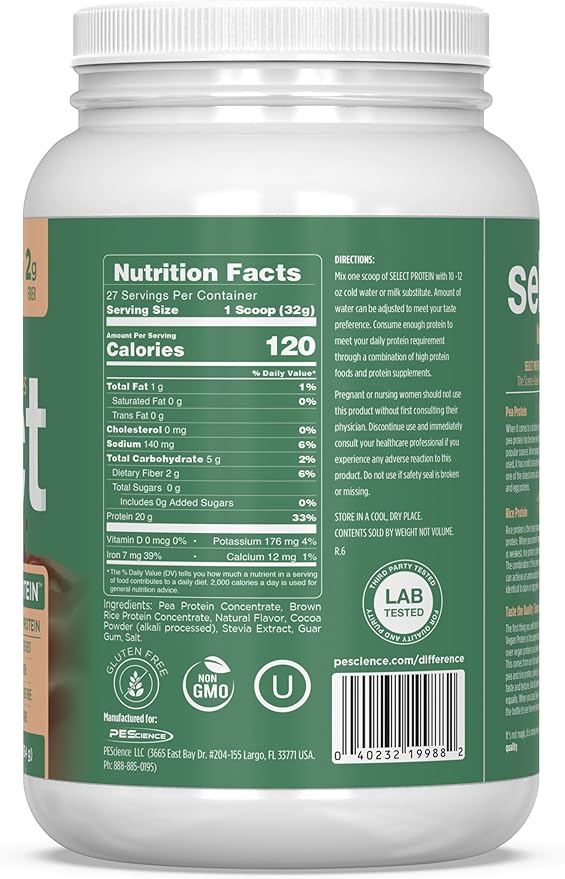 PEScience Select Vegan Protein Powder Plant Based Protein Powder Amazing Taste Smooth Texture Pea and Brown Rice Blend Dairy Free Lactose Free Gluten Free - Chocolate Bliss 27 Servings