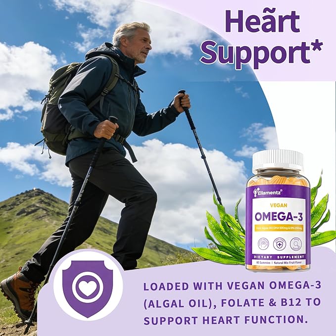 Vegan Omega-3 Gummies 900mg from Algae Oil - Fish Oil Alternative with DHA 500mg &amp EPA 200mg Vitamin B12 Folate &amp PS - Supports Brain Immune &amp Eye Health - Sugar-Free 120 Count
