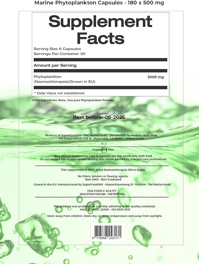 Marine Phytoplankton Supplement Superfood Rich in Omega-3 and Essential Nutrients (180 Capsules)