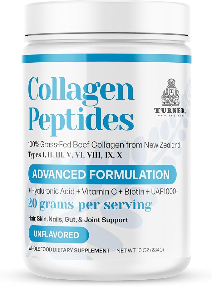 TURNER Collagen Peptides Powder Advanced Formulation 100% Grass-Fed Beef Bone Collagen from New Zealand with Hyaluronic Acid and Vitamin C Unflavored 10 oz