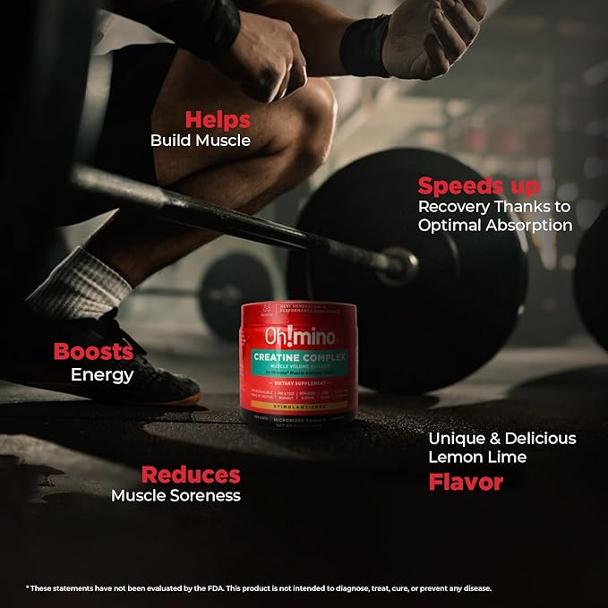 Oh!mino Creatine Complex for Muscle Growth. Micronized Creatine Monohydrate and Hydrochloride with Adaptogens. Perfect for Women and Men. Refreshing Zero Carb Lemon-Lime 40 Servings