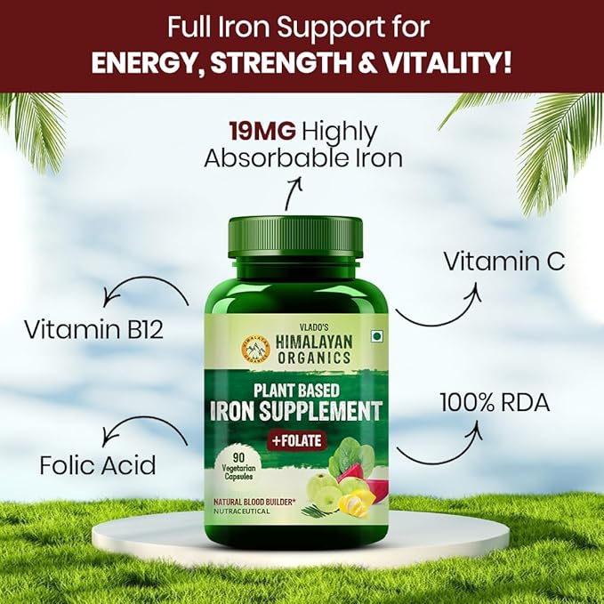 HIMALAYAN ORGANICS Organics Plant Based Iron Supplement with Folate | Improved Hemoglobin &amp Oxygen Capacity | Stomach Friendly | Boost Energy (90 Capsules)