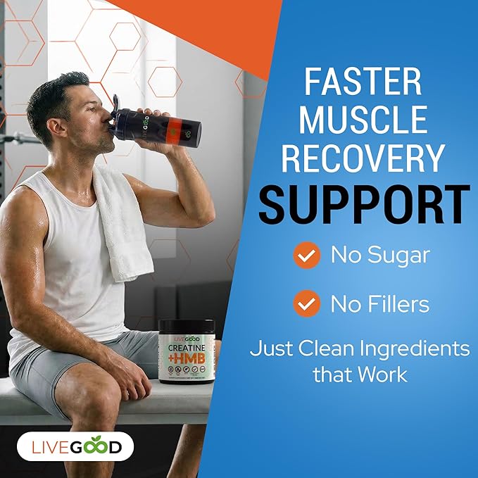 LIVEGOOD Creatine Monohydrate with HMB for Lean Muscle Growth &amp Recovery – HMB Creatine Powder for Men and Women – Unflavored Creatine 30 Servings