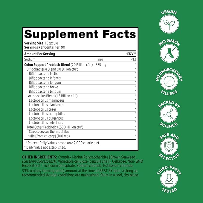 Probulin Colon Support Probiotic Supplement Daily Gut Digestive and Immune Health Probiotics Capsules for Men and Women 20 Billion CFU Vegan 90 Count Bottle