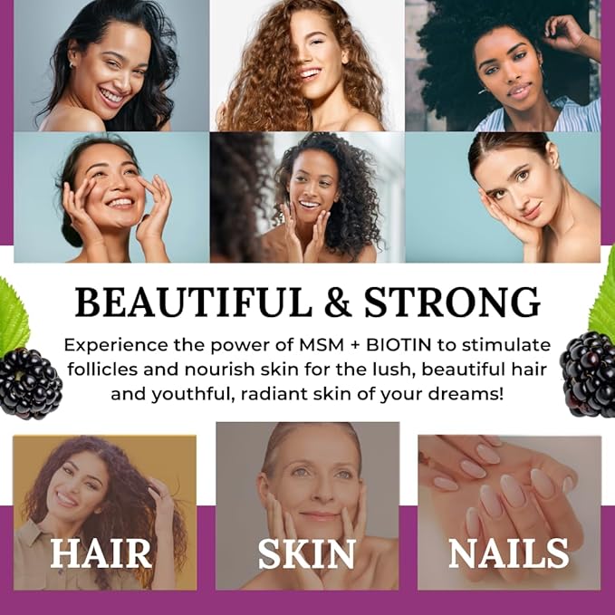 MSM + Biotin Hair Benefits Powder - Hair Growth MSM Supplement for Women &amp Men - Biotin &amp Vitamin C Blend - Wildberry MSM Powder for Hair Volume &amp Strength - Gluten-Free - 30 Servings (8.5