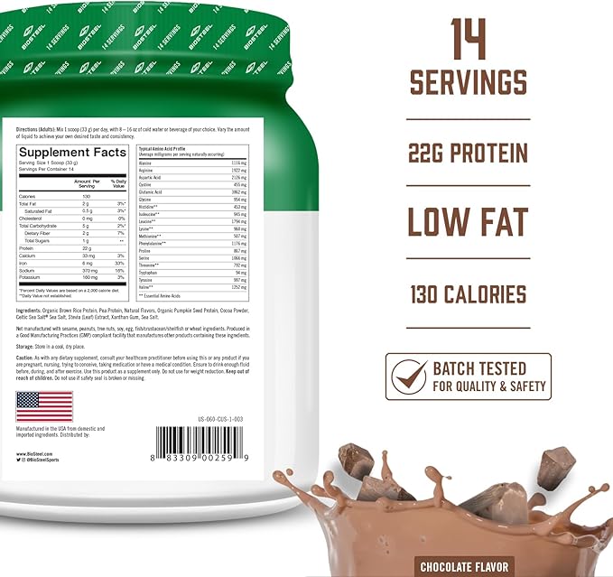 BIOSTEEL Elite Plant-Based Recovery Vegan Protein with Brown Rice Protein Pea Protein and Hemp Protein Chocolate Flavor 14 Servings Gluten-Free