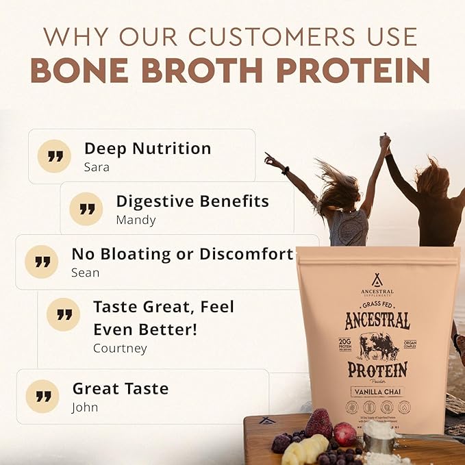 Ancestral Supplements Grass Fed Protein Powder Vanilla Chai Bone Broth Protein + Beef Organs + Organic Mushrooms 20g Protein Gut Health Support 30 Servings