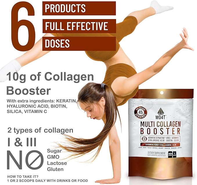 Multi Collagen Booster Powder – Extra Strength Collagen Supplement with Added Keratin Biotin Hyaluronic Acid Vitamin C &amp Silica – Extra Nutrients for Hair Nails&amp Skin -1 Pound