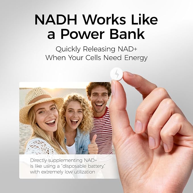 NADH 20mg Supplement 60 Vegetarian Tablets - Nicotinamide Adenine Dinucleotide Boosts NAD+ Levels for Cellular Energy Support &amp Active Aging Caffeine-Free Daily Fatigue Defense