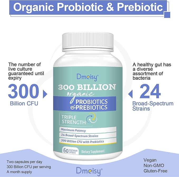 Probiotics for Women and Men 300 Billion CFU 24 Strains Probiotics + 15 Organic Herbs Prebiotics Blend Shelf Stable Gut Health Supplement for Digestive Immune &amp Whole-Body Health 4 Month Supply