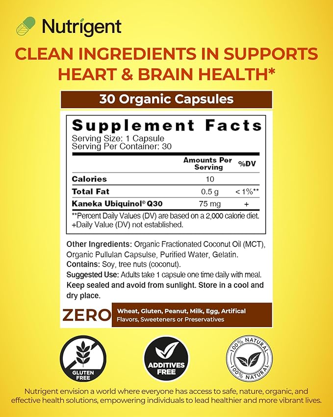 Ubiquinol 75mg CoQ10 High Absorption Water and Fat Soluble Natural Supplement Form of Coenzyme Q10 Antioxidant for Heart Health &amp Energy Production 30 Capsules