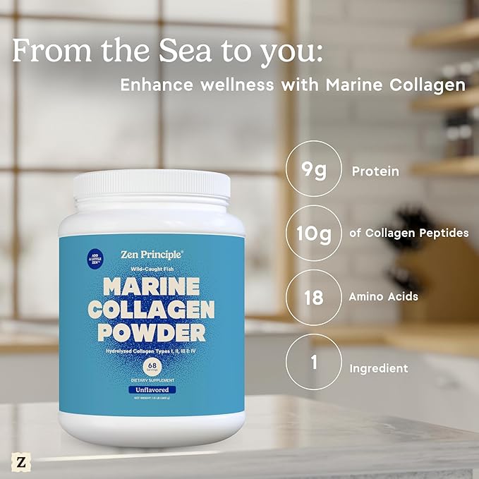 Zen Principle Marine Collagen Peptides Powder 1.5 lb. Wild-Caught Fish Non-GMO. Supports Healthy Skin Hair Joints and Bones.Hydrolyzed Types I II III and IV Protein. Amino Acids. Easy to Mix.