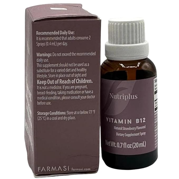 FARMASi Nutriplus Vitamin B12 Spray 1000 mcg – Quick-Absorbing Vegan &amp Strawberry-Flavored 20 ml / 0.67 fl oz