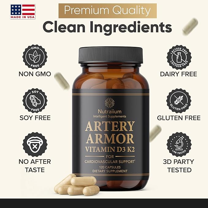 Vitamin D3 K2 Supplement 5000 IU 100 mcg MK7 – High Potency D3+K2 Capsules for Artery Health Heart Support &amp Strong Bones Non-GMO Third-Party Tested d3+k2 Vitamin Supplement Artery Armor -120 Cou