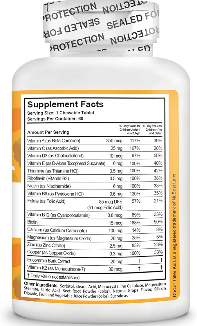 NuBest Doctor Taller Kids with Multivitamins Multimineral Calcium Chewable Tablets Calcium Supplement for Kids Ages 2 to 9 - Grape Flavor - Helps Kids Healthy - 12 Pack