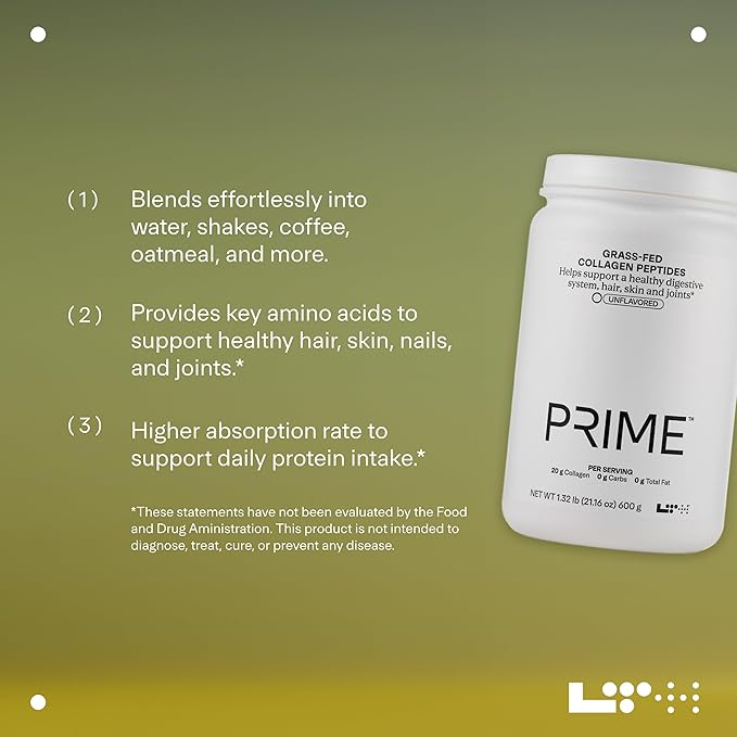 LTH Prime Collagen Peptides - Trusted by Life Time Members - Collagen Powder for Digestive Health - Supports Healthy Joints Hair &amp Skin - from Grass-Fed Cows - Unflavored - 30 Servings