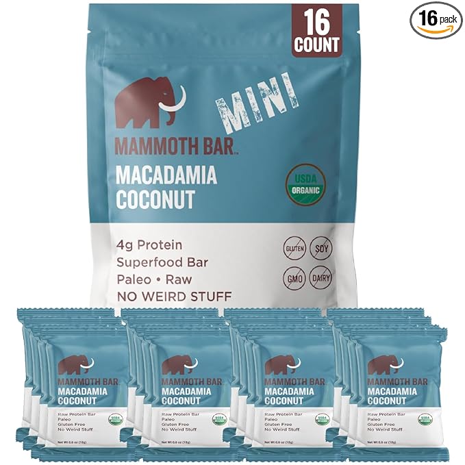 Mammoth Bar Macadamia Coconut Mini Bar - Mini Organic Snack Bar Packed with 4g Protein. Made with Premium Macadamia Nuts &amp Egg White Protein. Paleo • Gluten Free • GMO Free • Raw - 16 Mini Bars