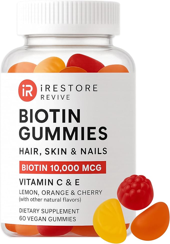 iRestore Biotin Gummies 10000 mcg - 3 Natural Fruit Flavors Hair Vitamins Multi Supplement for Hair Skin and Nails for Women &amp Men 60 Vegan Gummies 30 Day Supply