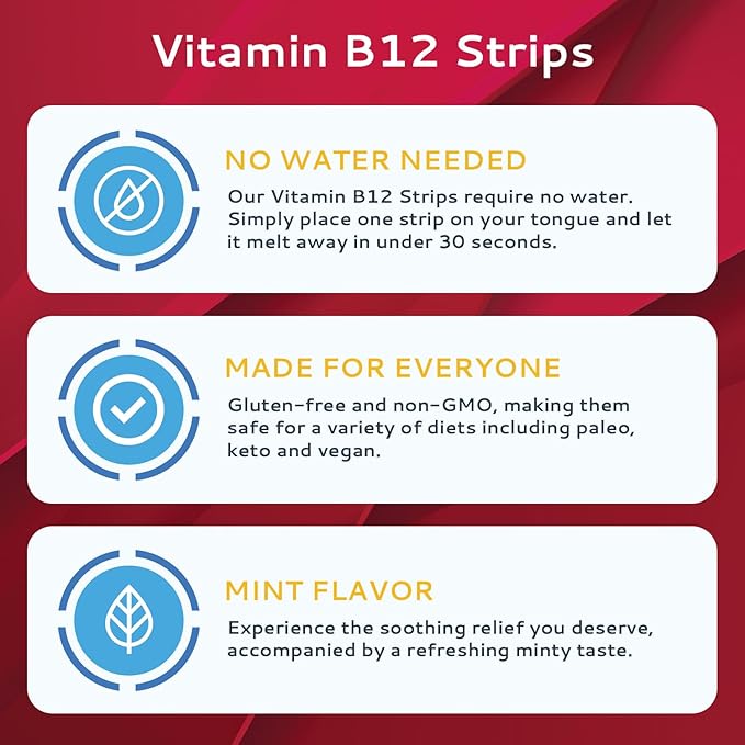 Vitamin B12 Strips 100 Pack | Easy Oral Dissolvable Mint Flavored Strips | 1500 mcg Strips | Vit B12 Dissolve under Tongue | Methylcobalamin B-12 Vitamin Formula | Vegan Friendly &amp Gluten Free