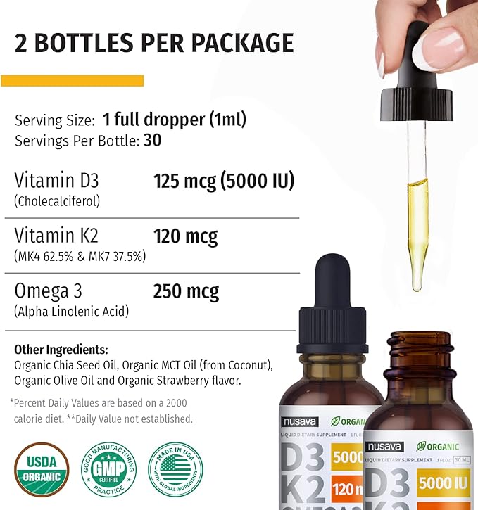 NUSAVA Strawberry Flavored D3 K2 Liquid Drops and Vanilla Flavored D3 K2 Liquid Drops Bundle - Potent Liquid Vitamins for Heart Joint Bone Muscle &amp Immune Support - Non-GMO Gluten-Free 2pk E