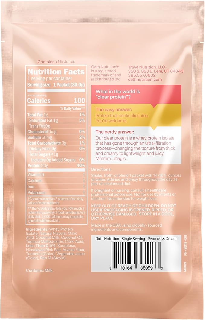 Oath Nutrition Clear Whey Isolate Protein Powder Peaches &amp Cream 20g Complete Protein per Serving No Added Sugar Grass-Fed Single Serving (6 Count)