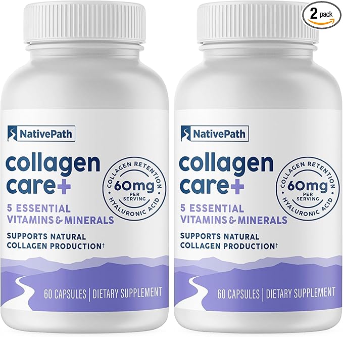 NativePath Collagen Care+ 5 Vitamin Blend with Hyaluronic Acid and Boron That Supports Collagen for Men and Women 60 Capsules (Pack of 2)
