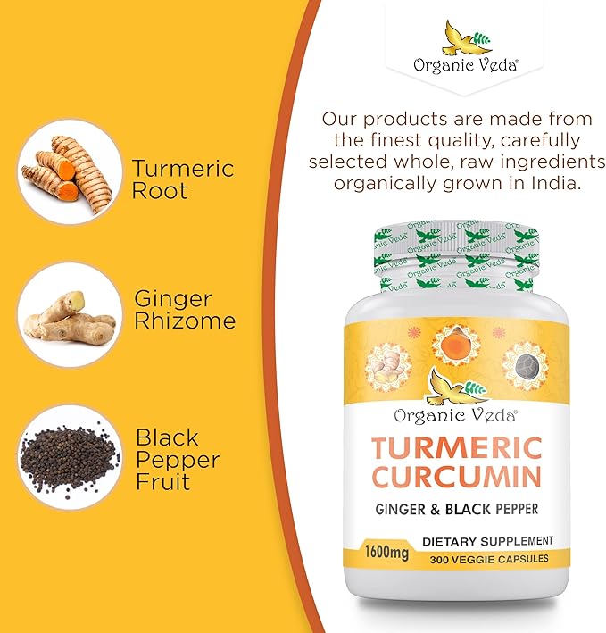 Organic Veda Turmeric and Ginger Capsules 300 Pills - Organic Turmeric Curcumin with Black Pepper for Joint Support - Non GMO Gluten Free Turmeric and Ginger Supplement (95% curcuminoids)