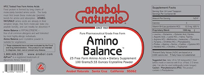 Anabol Naturals Energy Stack: Amino Balance 100 gram Pure Powder &amp Creapure Creatine 100 gram Pure Powder