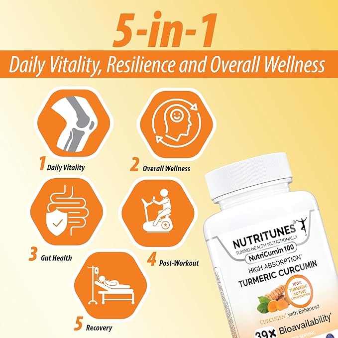 High Absorption Turmeric Curcumin Supplement –39X Enhanced bioavailability – 100% Turmeric Matrix – Vegan Non-GMO – 500mg – 30 NutriCumin 100 Capsules