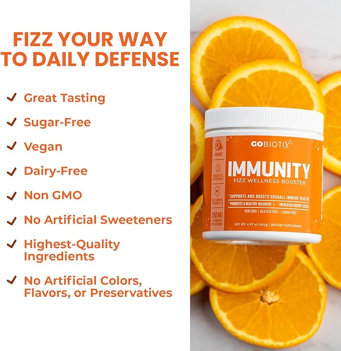 GOBIOTIX Vitamin C - Immune Defense Support Supplement - Immunity Powder Wellness Booster - Vegan Superfood - Elderberry Turmeric B12 Vitamin Supplement Non-GMO and Sugar Free (Orange)