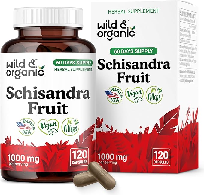 Wild &amp Organic Schisandra Berry Capsules 1000 mg - Mood &amp Relaxation Support - Schisandra Powder Extract Supplement - Vegan No Fillers Non-GMO - 120 Count