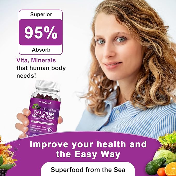 Calcium Magnesium Zinc Gummies with High Absorption Magnesium Glycinate Potassium -Plant Calcium Supplement w/ D3 &amp Sea Moss for Bone Muscles Calm Mood &amp Sleep Support- Kids &amp Adults (2