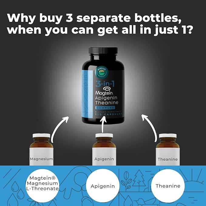Magnesium Theanine L-Threonate Apigenin Supplement for Sleep Aid-3- in-1 Complex Supplement Support Relaxation- Melatonin-Free Magnesium- Zero Fillers- Gluten Free &amp Non-GMO-120 Count Veggie Capsu