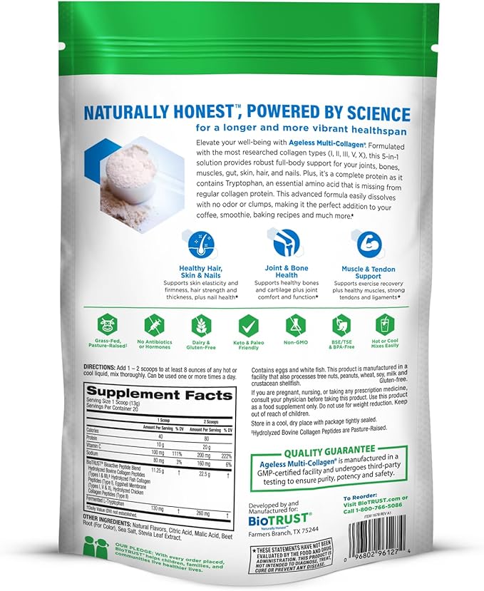 BioTrust Ageless Multi Collagen Peptides Powder – 5 Types (I II III V X) – Fruit Punch Collagen Powder for Women &amp Men – Hydrolyzed Protein – Grass Fed Beef Fish Chicken Eggshell Membrane