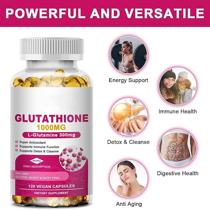 Glutathione 1000mg Soft Capsules – with L-Glutamine 300mg Milk Thistle Alpha Lipoic Acid Vitamin C &amp D3 – Super Antioxidant Supplement for Detox &amp Cleanse