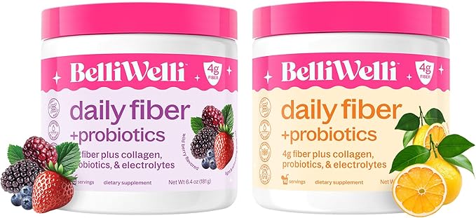 Belli Welli Daily Fiber Supplement Bundle with Collagen Probiotics &amp Electrolytes – Wild Berry &amp Orange Yuzu Mandarin Flavors – Supports Digestion Gut Balance &amp Debloating – 32 Servings