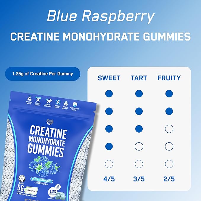 SteelFit Creapure Creatine Monohydrate Gummies for Men &amp Women Blue Raspberry - Gym Workout Nutritional Supplements for Muscle Gain Brain Health &amp Strength Building Dietary Supplement 120 G