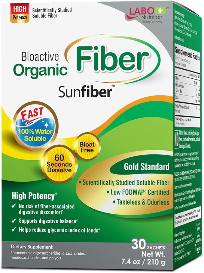 LABO Nutrition Bioactive Organic Fiber – Sunfiber PHGG Soluble Prebiotic Fiber for Digestive Regularity &amp Gut Health – Partially Hydrolyzed Guar Gum Low FODMAP Unflavored Vegan Non-GMO 30 Sac