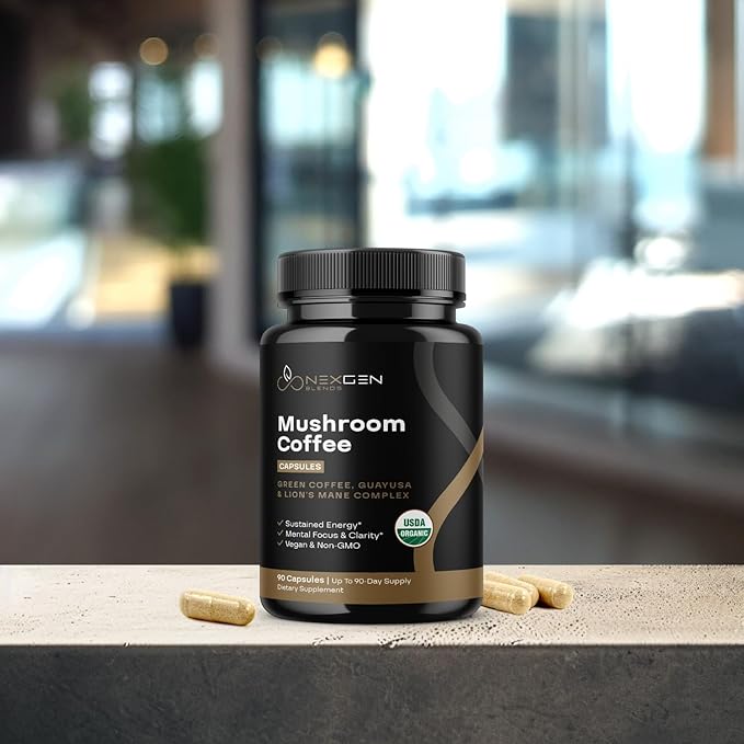 100% Organic Mushroom Coffee Capsules - Natural Energy Supplement with 130mg Caffeine from Clinically Proven Patented Green Coffee Bean &amp Guayusa Extracts for Jitter-Free Energy &amp Focus (90 Se