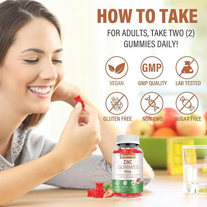 Zinc Gummies 50mg - Vitamin C D3 &amp Elderberry Echinacea Zinc Immune Health Gummies Non-GMO Natural Antioxidant Supplements for Men &amp Women Vegan 2 Pack
