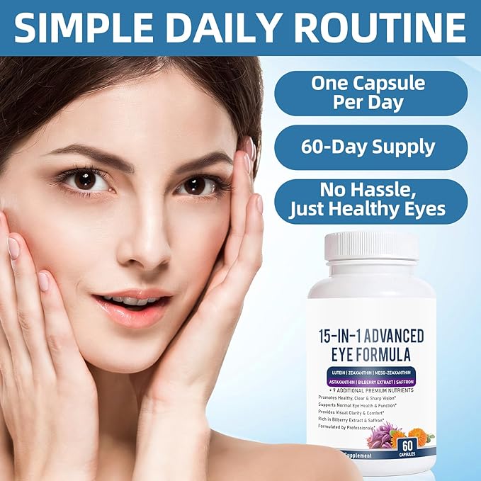 15 in 1 Advanced Eye Formula - Eye Vitamin and Mineral Supplement with Lutein Zeaxanthin Zinc &amp Bilberry Extract - Vision &amp Focus Support 60 Capsules