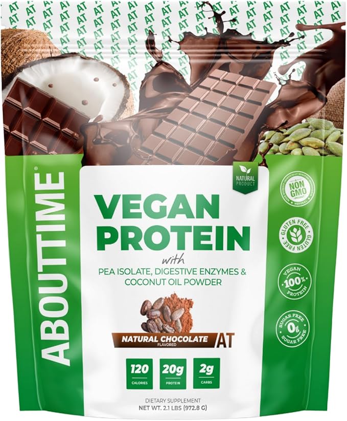 About Time Vegan Protein Powder 20g Chocolate Natural Ingredients Non-GMO Plant Based Gluten Free Soy Free Dairy Free 32 Servings