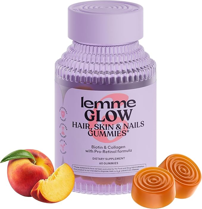 Lemme Glow Collagen Gummies for Thick Hair Strong Nails &amp Healthy Skin with Multi-Collagen Peptides Biotin Trace Minerals Zinc Vitamins A C &amp E Dairy &amp Gluten Free Peach Flavor 60