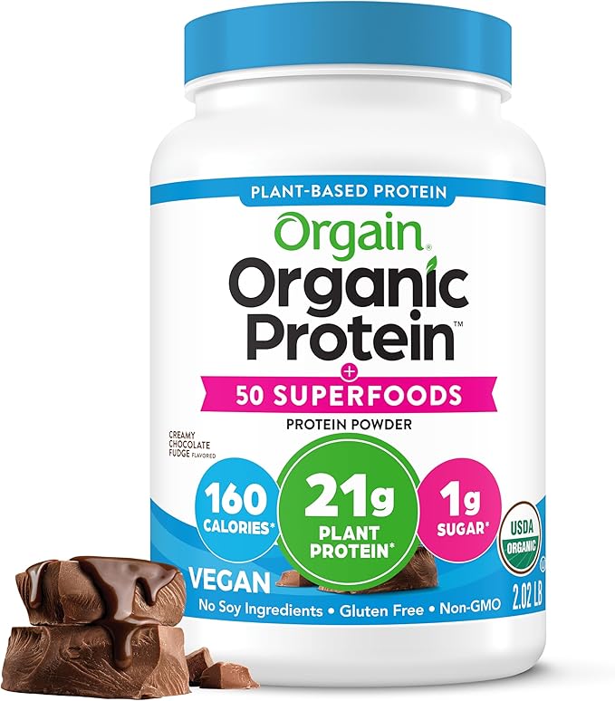 Orgain Organic Vegan Protein + 50 Superfoods Powder Creamy Chocolate Fudge - 21g Plant Based Protein 9g Prebiotic Fiber No Lactose Gluten Free No Added Sugar 2.02 lb (Packaging May Vary)