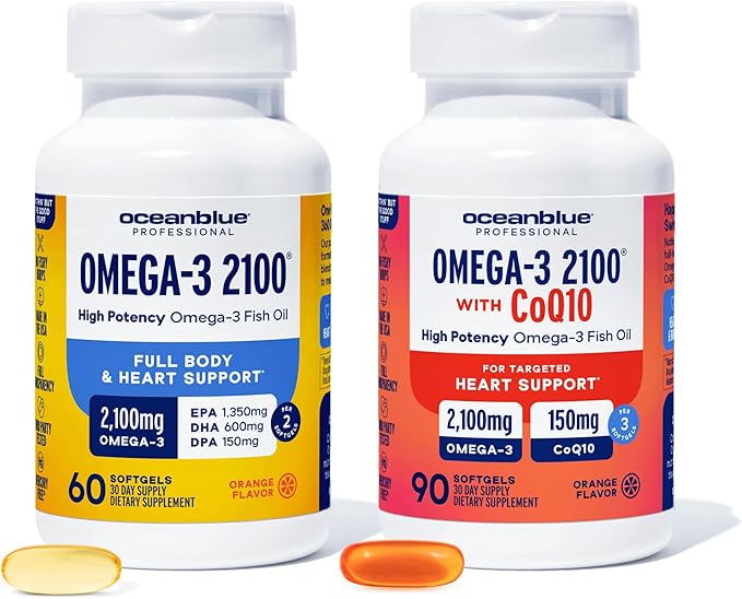 Oceanblue Omega-3 2100 Bundle – CoQ10 90ct + Triple Strength 60ct – High-Potency EPA DHA &amp DPA – Heart &amp Brain Support – Orange Flavor Burpless Fish Oil - 2 Pack