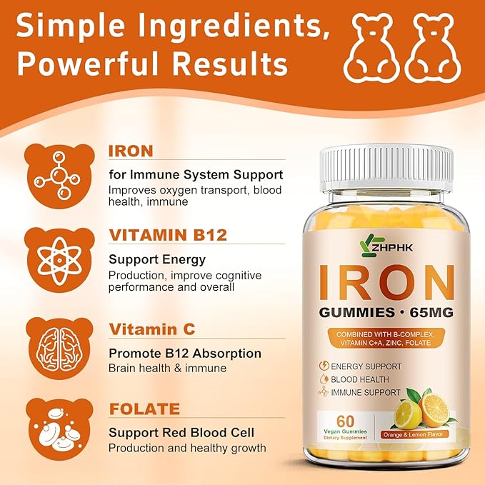 Iron Gummies Vitamin Supplement 65mg &amp Vitamin C 250mg per Serving with B6 B12 Folate- Energy Support for Iron Deficiency Anemia Vegan Orange &amp Lemon Flavor 120 Count